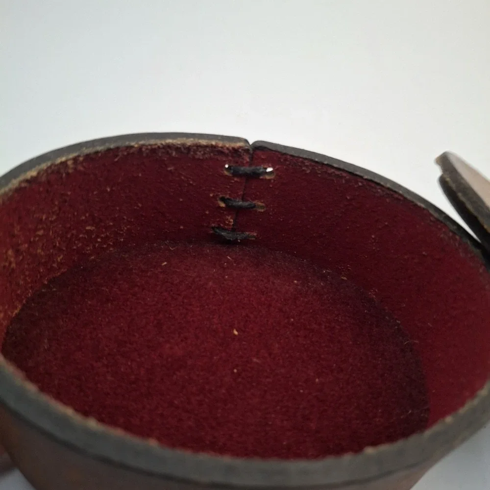 Vintage Leather Trinket Box Embossed Lyre Harp Emblem Red Velvet Lined Biblical